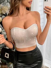 SHEIN Privé 女士性感水晶装饰抹胸上衣，适合派对穿着 - 香檳色 - 查看 6