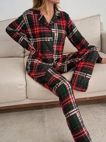 RueChic 2pcs Suede Plaid Buttın Front Homewear Set - Multicolor - View 4