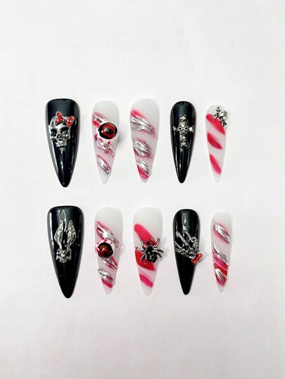 Goth 10 pièces de faux ongles style gothique et crâne d'Halloween, ongles artificiels de haute qualité faits main dans un style punk Y2K, stickers d'ongles détachables, convient pour les fêtes de vacances, les danses et le port quotidien