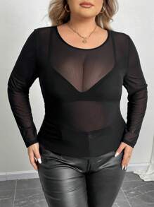 SHEIN CURVE+ Plus Size Women Spring Summer Solid Color Crew Neck Long Sleeve Sexy Mesh Sheer Blouse Christmas Party - Black - View 5