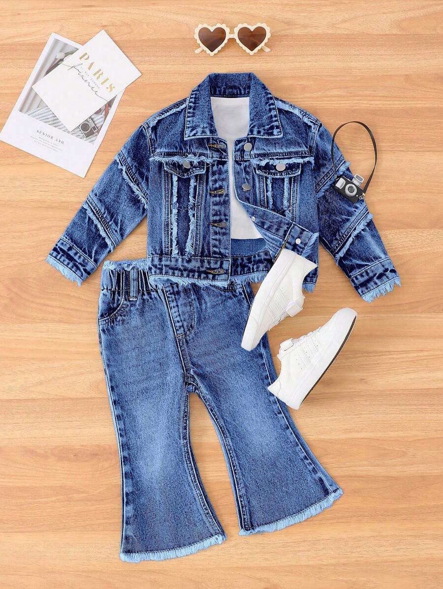 Baby Girl Distressed Individuality Frayed Lovely Wind Denim Set - Dark Wash - View 1