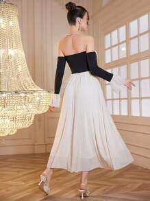 Modelyn 1 pièce Robe de soirée longue à épaules dénudées, nœud papillon, bloc de couleur contrastée - Nude - Voir 2
