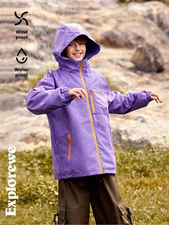 SHEIN Explorewe Teen Boy Outdoor Sports Casual Fashion Contrast Color Pocket Zip-Up Hoodie Long-Sleeve Jacket, Autumn/Winter