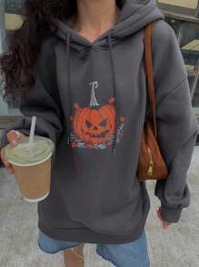 DAZY Oversized Thermal Lined Hooded Women Sweatshirt With Pumpkin Halloween Print,Fall Women Clothes Hoodies - Grey - View 8