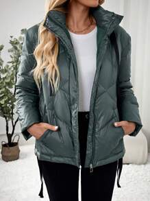 EMERY ROSE Women Winter Hooded Zipper Pockets Down& Feathers Jacket - Green - View 5