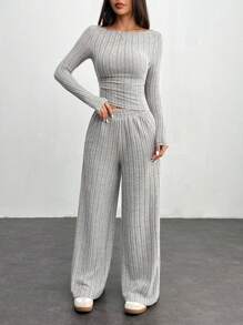 SHEIN PETITE Autumn And Winter Women's Wide Ribbed Knitted Slim-Fit Asymmetric Diagonal Hem Top + Wide-Leg Pants Casual And Comfortable Home Dark Gray Two-Piece Set - Grey - View 1