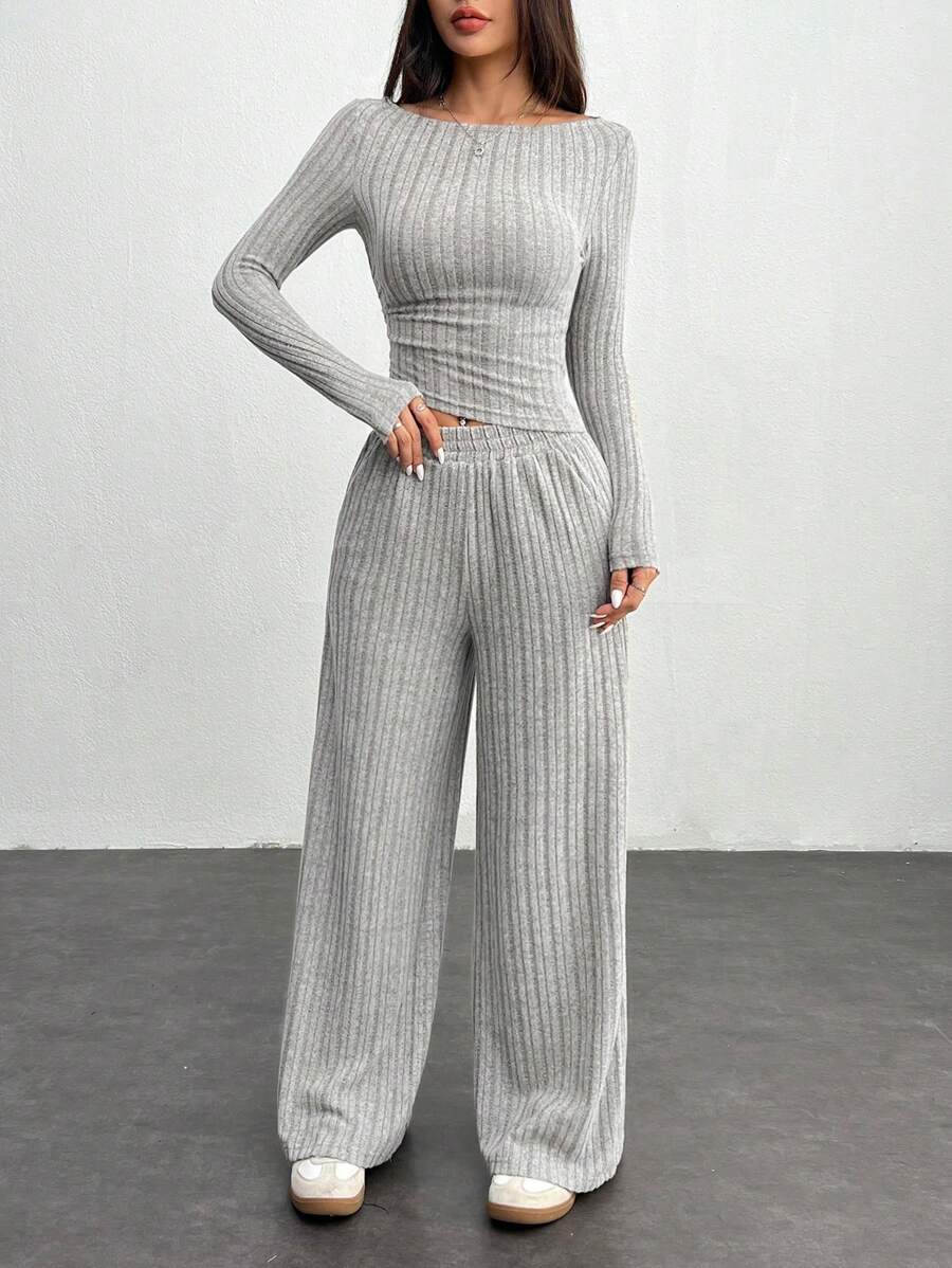 SHEIN PETITE Autumn And Winter Women's Wide Ribbed Knitted Slim-Fit Asymmetric Diagonal Hem Top + Wide-Leg Pants Casual And Comfortable Home Dark Gray Two-Piece Set - Grey - View 1