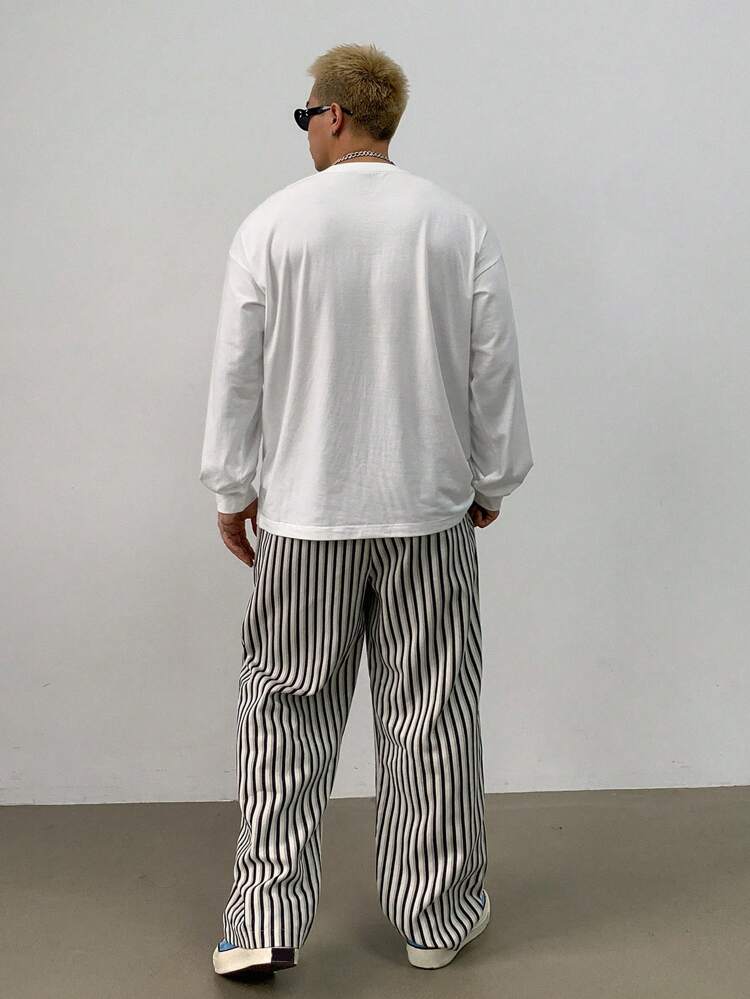 Men's Spring Autumn Drop Shoulder Loose Patchwork Pocket White T-Shirt And Striped Loose Straight Leg Pants Set