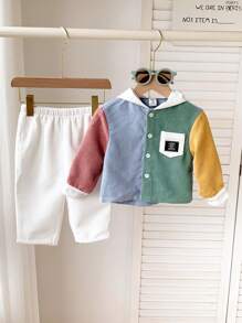SHEIN 2pcs Set Baby Boy Colorful Monotone Contrast Color Hooded Loose Drop Shoulder Lightweight Jacket Top & White Long Pants Casual Outfit, Soft Corduroy Fabric Suitable For Daily Wear, Indoor, School, Travel