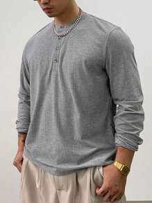 DAZY 1pc Men Plain Color Front Button Long Sleeve Casual T-Shirt Fall,Winter - Grey - View 5
