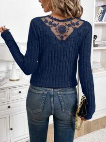 SHEIN Frenchy Women Solid Color Lace Patchwork Long Sleeve Casual Top Winter Blue Spring