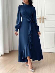 Modelyn Women Fashion Solid Color Belted Long Sleeve Dress,Elegant Evening Party Dress Long Evening Dresses