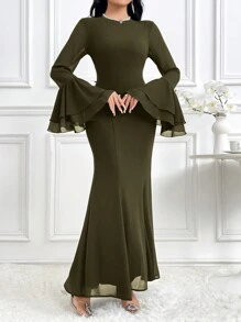 Modelyn 1 件女士优雅纯色喇叭袖连衣裙，秋季长款晚礼服 - 軍綠色 - 查看 7