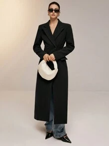 Poéselle Women's Solid Color Lapel Neck Double Button Long Elegant Jacket, Regular Fit, For Autumn