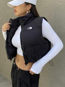 DAZY Women's Super Short Letter Print Fitted Feathery Jacket Fall, Winter Vest Women Coats