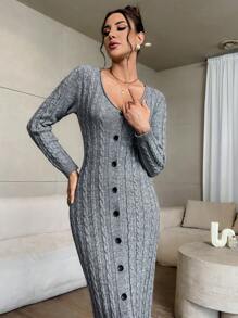 SHEIN Privé Women's Gray Cable Knit Open Front Long Sleeve Maxi Sweater Dress - Grey - View 4