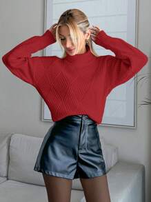 EURMUSE Women Solid Color Diamond Pattern Turtleneck Pullover - Merah - View 2