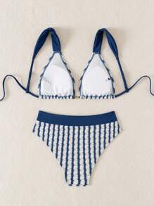 Women Textured Striped Fabric Thick Strap Sexy Bikini Set Summer