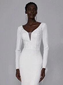 Elitara White Spring Elegant Formal Party Wedding Dress,Luxurious Lace Patchwork Elastic Knit Backless Fishtail Bridal Gown With Trailing Hem For Bride - Beige - View 4