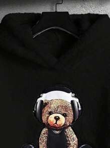Manfinity Homme Áo hoodie lông xù thêu hình gấu túi Kangaroo cho nam - màu đen - Xem 4