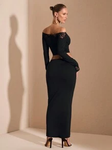 SHEIN BAE Bộ 2 món áo hở vai viền ren thanh lịch cho nữ và chân váy, thích hợp cho buổi hẹn hò thường ngày, đi chơi đêm, trang phục dự tiệc câu lạc bộ, tay dài, mùa thu - màu đen - Xem 2
