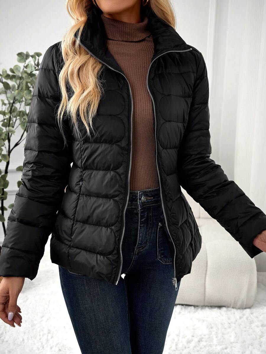 EMERY ROSE Women Solid Color Long Sleeve Zip Up Casual Down& Feathers Jacket, Winter