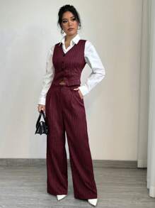 Elenzga 1set Women Casual Striped Blazer Vest + Women Casual Suit Pants - Burgundy - View 4