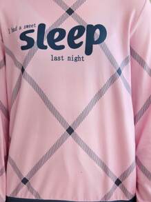 SHEIN Bộ đồ thường ngày 2 món cho bé gái tuổi teen - Bộ quần áo dài tay in họa tiết hình thoi & chữ cái tiếng Anh, mặc ở nhà thoải mái - Hồng - Xem 3