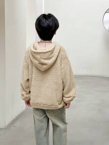 SHEIN 男童休闲宽松刺绣字母卫衣套头衫外套，适合秋冬季通勤、上学、休闲和运动穿着。 - 卡其色 - 查看 2