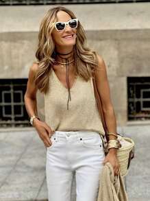 SHEIN Frenchy 2pcs Women Casual Gold Line Decor Camisole And Cardigan Set Women Cardigans,Thanksgiving Outfit,Women Fall Sets Winter - Gold - View 9