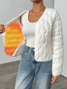 SHEIN EZwear 秋冬季轻质纯色羽绒夹克 - 白色 - 查看 8