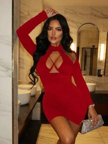 SHEIN SXY Vestido ajustado asimétrico y calado para una cita sexy - Burdeos - Ver 3