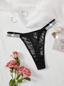 SHEIN Solid Color Knitted Lace Sexy Plus Size T-Back Panties For Women, Rave - Black - View 6