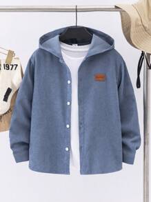 SHEIN 青少年男孩休闲秋冬灯芯绒贴花装饰宽松套头衫 - 霧霾藍 - 查看 3