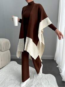 EURMUSE Woman Winter Three Pieces Sweater Pants And Shawl Set Co-Ords - Brown - View 3