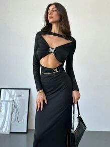 Aloruh Damen neue Metallic-Schleife Akzent Ausschnitt körperbetontes Mini-Kleid - Schwarz - Übersicht 6