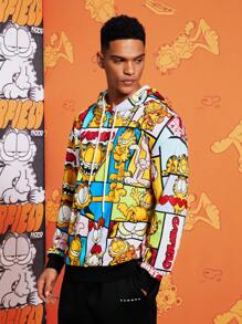 GARFIELD | SHEIN Men Letter & Cartoon Patchwork Print Drawstring Loose Drop Shoulder Hoodie, Casual Style For Spring & Autumn - Beige - View 6