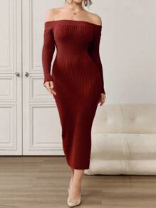 Modelyn Burgundy Red Women's Solid Color Off-Shoulder Elegant Long Sleeve Sweater Dress