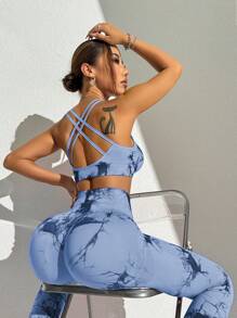 Slayform Bộ đồ thể thao nhuộm loang co giãn cao liền mạch (In ngẫu nhiên) Bộ đồ tập luyện cho nữ Bộ đồ tập luyện cho nữ Bộ đồ bó cho nữ - Màu xanh lam - Xem 6