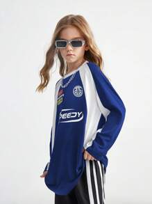 SHEIN Tween Girls Outono Preppy Streetwear Sportswear Blockcore Futebol Camiseta Grande Para Volta Às Aulas