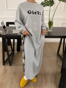 DAZY 字母格纹印花拼接宽松休闲休闲连衣裙 - 灰色 - 查看 3