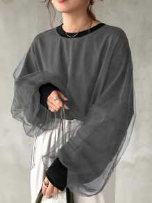 FRIFUL 女士宽松网眼撞色宽袖圆领T恤长袖女式上衣 - 深灰色 - 查看 1