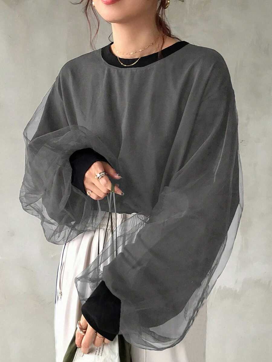 FRIFUL 女士宽松网眼撞色宽袖圆领T恤长袖女式上衣 - 深灰色 - 查看 1