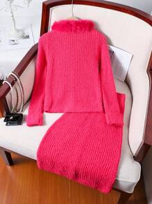 SHEIN 青少年女孩休闲毛领开衫和毛衣配裙子套装，秋冬季，圣诞节 - 玫紅色 - 查看 2