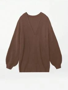 1件女士纯色休闲长袖灯笼袖针织开衫，秋冬季长袖上衣 - 棕色 - 查看 7