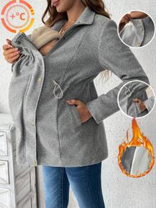 SHEIN 3-In-1 Pregnancy Fluffy Trimmed Kangaroo Hooded Long Sleeve Coat, Jacket For Winter, For Maternity - Grey - View 11
