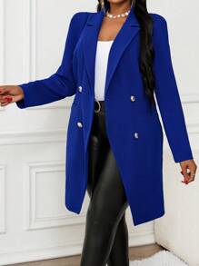 SHEIN Lady 秋冬季优雅工作海军蓝色羊腿袖大码外套冬季女外套 - 藍色 - 查看 6