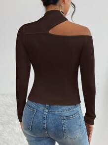 SHEIN PETITE 1 chiếc áo thun ôm vừa vặn không đối xứng màu trơn mùa thu - màu nâu - Xem 2