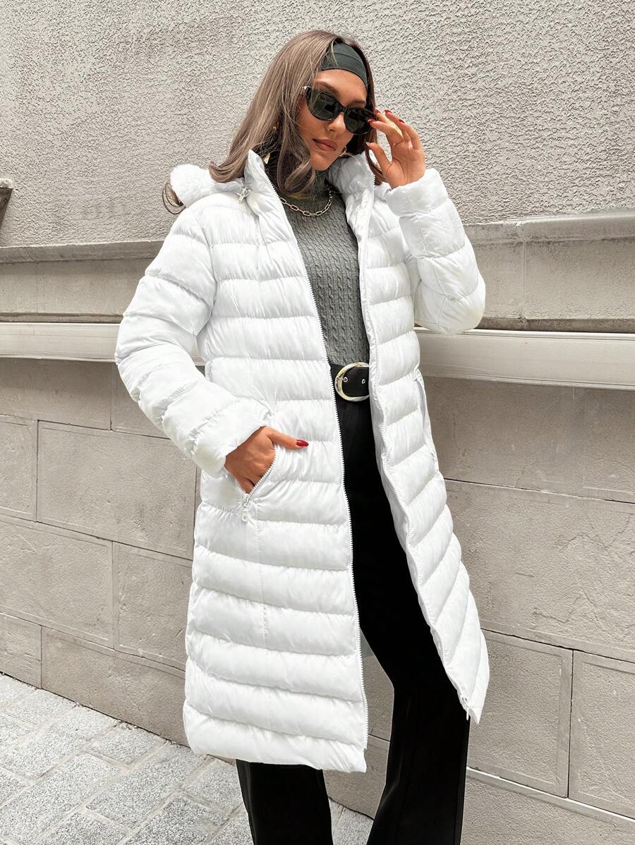 EURMUSE Water Proof , Keep Warming Feature, Faux Fur Hood Detailed Long Line Puffer Winter Coat - White - View 1