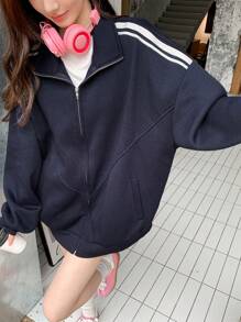 DAZY Women Stripe Patchwork Zip-Up Casual Loose Fleece Jacket, Autumn/Winter Women Coats